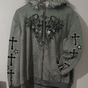 ROMWE Gray Hooded Sweater with Cross Design